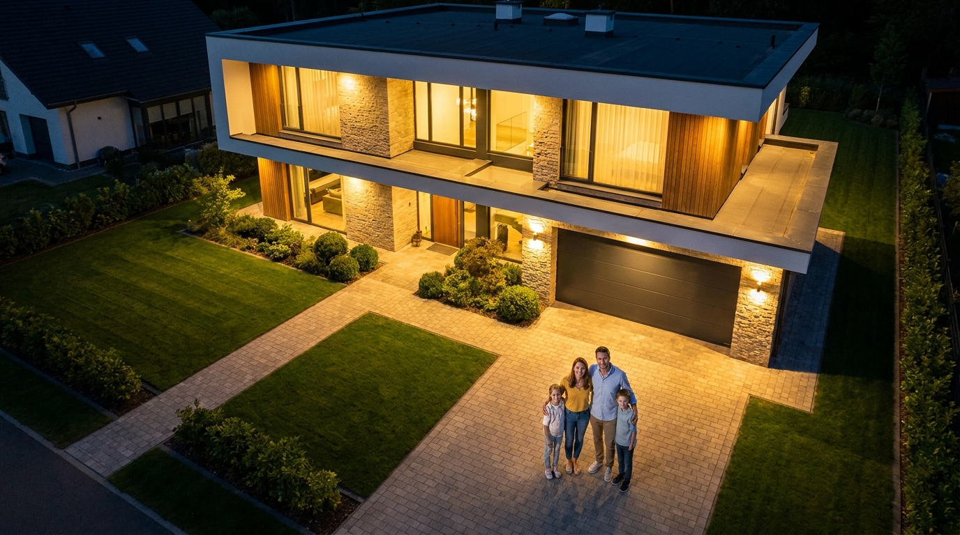 Modernes Wohnzimmer einer hochwertigen Mietwohnung in Zürich mit Parkettboden und großen Fenstern